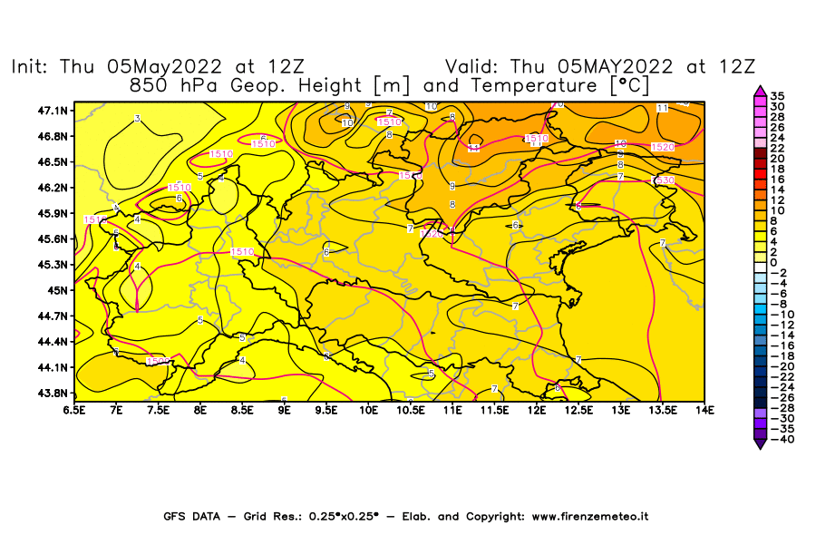 Mappa di analisi GFS - Geopotenziale [m] e Temperatura [°C] a 850 hPa in Nord-Italia
									del 05/05/2022 12 <!--googleoff: index-->UTC<!--googleon: index-->