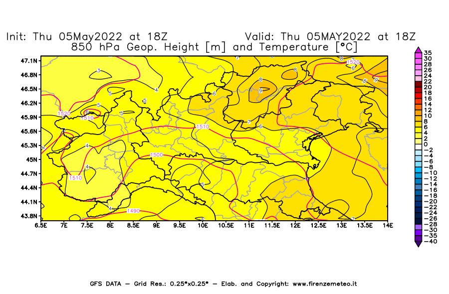 Mappa di analisi GFS - Geopotenziale [m] e Temperatura [°C] a 850 hPa in Nord-Italia
									del 05/05/2022 18 <!--googleoff: index-->UTC<!--googleon: index-->