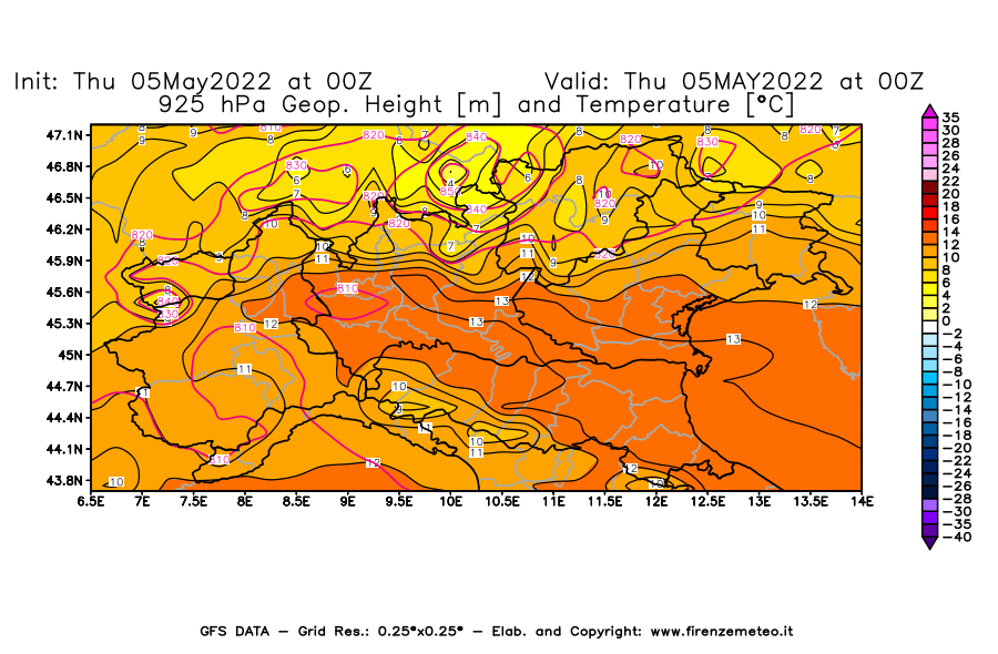 Mappa di analisi GFS - Geopotenziale [m] e Temperatura [°C] a 925 hPa in Nord-Italia
									del 05/05/2022 00 <!--googleoff: index-->UTC<!--googleon: index-->