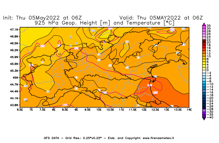 Mappa di analisi GFS - Geopotenziale [m] e Temperatura [°C] a 925 hPa in Nord-Italia
									del 05/05/2022 06 <!--googleoff: index-->UTC<!--googleon: index-->