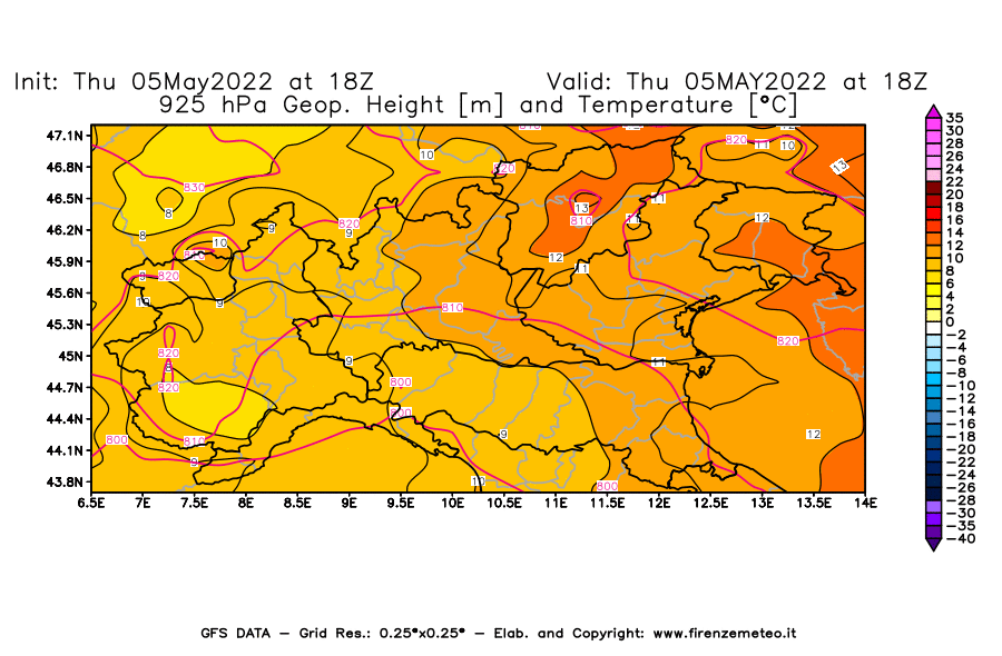 Mappa di analisi GFS - Geopotenziale [m] e Temperatura [°C] a 925 hPa in Nord-Italia
									del 05/05/2022 18 <!--googleoff: index-->UTC<!--googleon: index-->