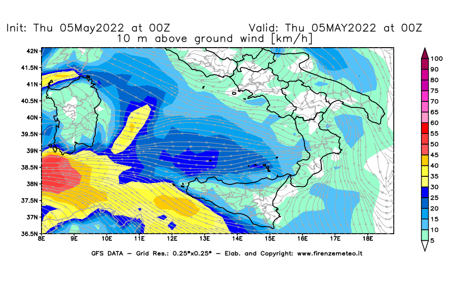 Mappa di analisi GFS - Velocità del vento a 10 metri dal suolo [km/h] in Sud-Italia
									del 05/05/2022 00 <!--googleoff: index-->UTC<!--googleon: index-->