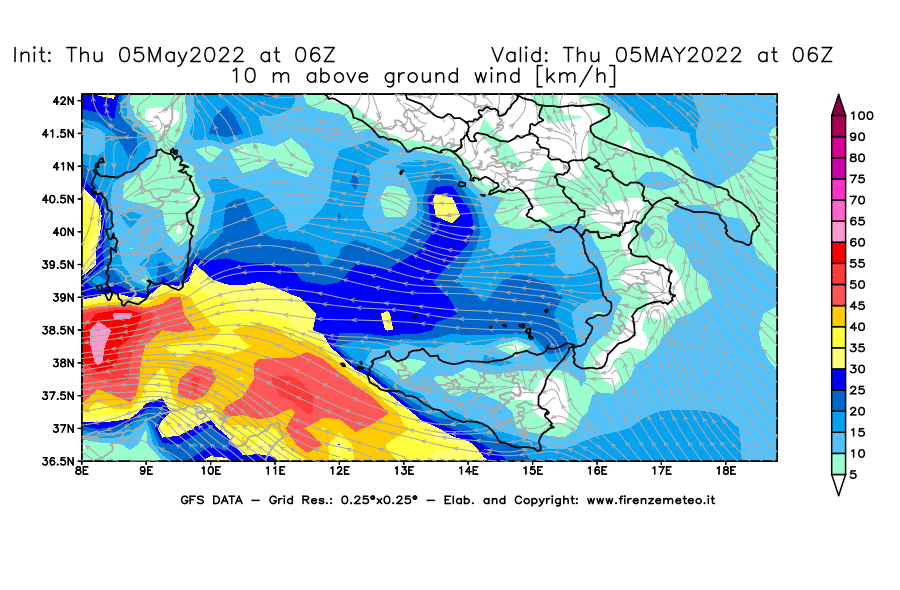 Mappa di analisi GFS - Velocità del vento a 10 metri dal suolo [km/h] in Sud-Italia
									del 05/05/2022 06 <!--googleoff: index-->UTC<!--googleon: index-->