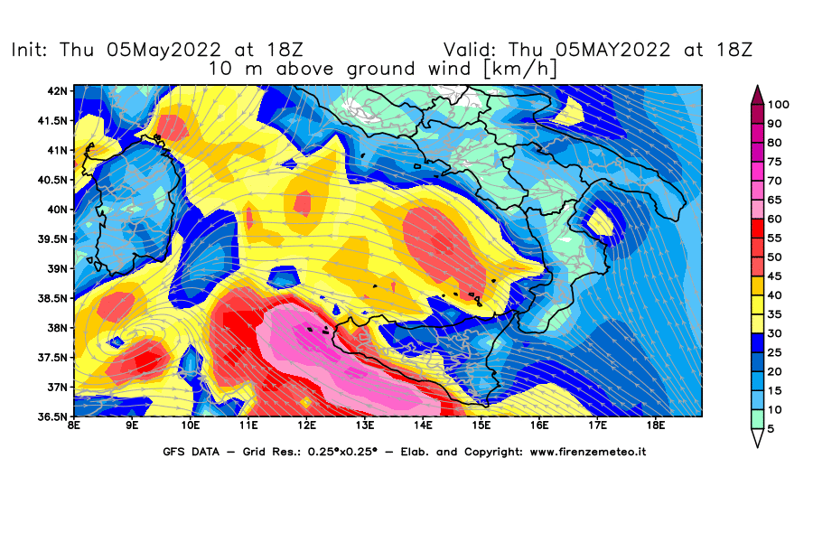 Mappa di analisi GFS - Velocità del vento a 10 metri dal suolo [km/h] in Sud-Italia
									del 05/05/2022 18 <!--googleoff: index-->UTC<!--googleon: index-->