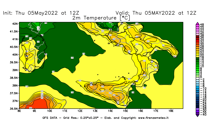 Mappa di analisi GFS - Temperatura a 2 metri dal suolo [°C] in Sud-Italia
									del 05/05/2022 12 <!--googleoff: index-->UTC<!--googleon: index-->
