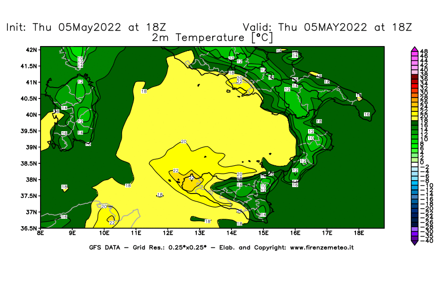 Mappa di analisi GFS - Temperatura a 2 metri dal suolo [°C] in Sud-Italia
									del 05/05/2022 18 <!--googleoff: index-->UTC<!--googleon: index-->