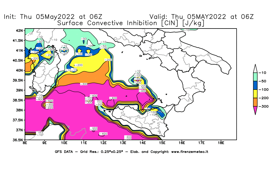 Mappa di analisi GFS - CIN [J/kg] in Sud-Italia
									del 05/05/2022 06 <!--googleoff: index-->UTC<!--googleon: index-->