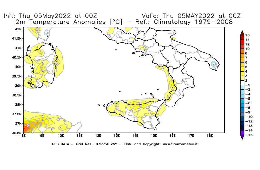 Mappa di analisi GFS - Anomalia Temperatura [°C] a 2 m in Sud-Italia
									del 05/05/2022 00 <!--googleoff: index-->UTC<!--googleon: index-->