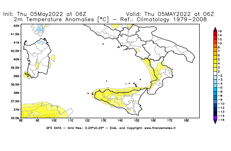 Mappa di analisi GFS - Anomalia Temperatura [°C] a 2 m in Sud-Italia
									del 05/05/2022 06 <!--googleoff: index-->UTC<!--googleon: index-->