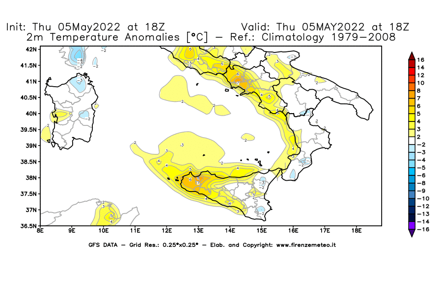Mappa di analisi GFS - Anomalia Temperatura [°C] a 2 m in Sud-Italia
									del 05/05/2022 18 <!--googleoff: index-->UTC<!--googleon: index-->