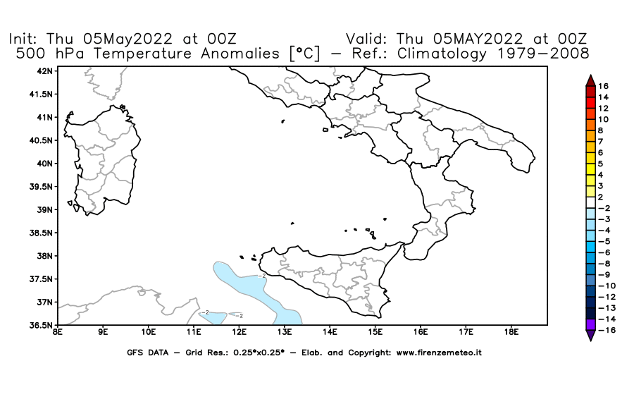 Mappa di analisi GFS - Anomalia Temperatura [°C] a 500 hPa in Sud-Italia
									del 05/05/2022 00 <!--googleoff: index-->UTC<!--googleon: index-->