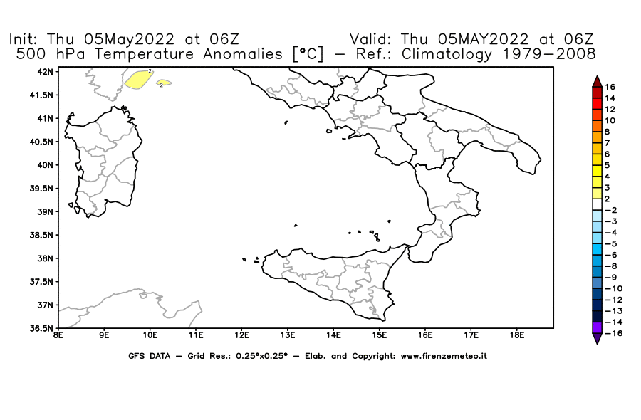 Mappa di analisi GFS - Anomalia Temperatura [°C] a 500 hPa in Sud-Italia
									del 05/05/2022 06 <!--googleoff: index-->UTC<!--googleon: index-->