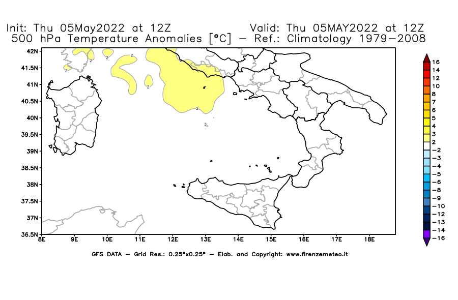Mappa di analisi GFS - Anomalia Temperatura [°C] a 500 hPa in Sud-Italia
									del 05/05/2022 12 <!--googleoff: index-->UTC<!--googleon: index-->