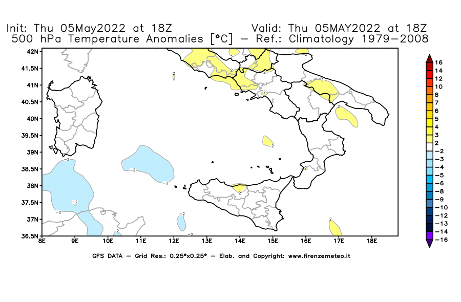 Mappa di analisi GFS - Anomalia Temperatura [°C] a 500 hPa in Sud-Italia
									del 05/05/2022 18 <!--googleoff: index-->UTC<!--googleon: index-->