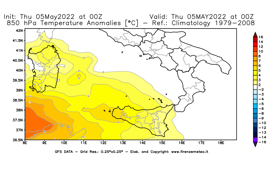 Mappa di analisi GFS - Anomalia Temperatura [°C] a 850 hPa in Sud-Italia
									del 05/05/2022 00 <!--googleoff: index-->UTC<!--googleon: index-->