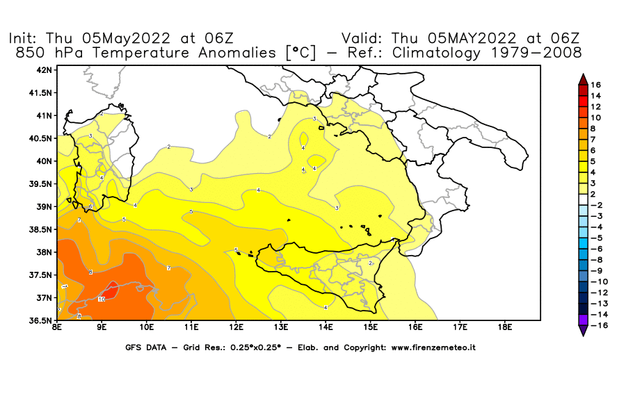 Mappa di analisi GFS - Anomalia Temperatura [°C] a 850 hPa in Sud-Italia
									del 05/05/2022 06 <!--googleoff: index-->UTC<!--googleon: index-->
