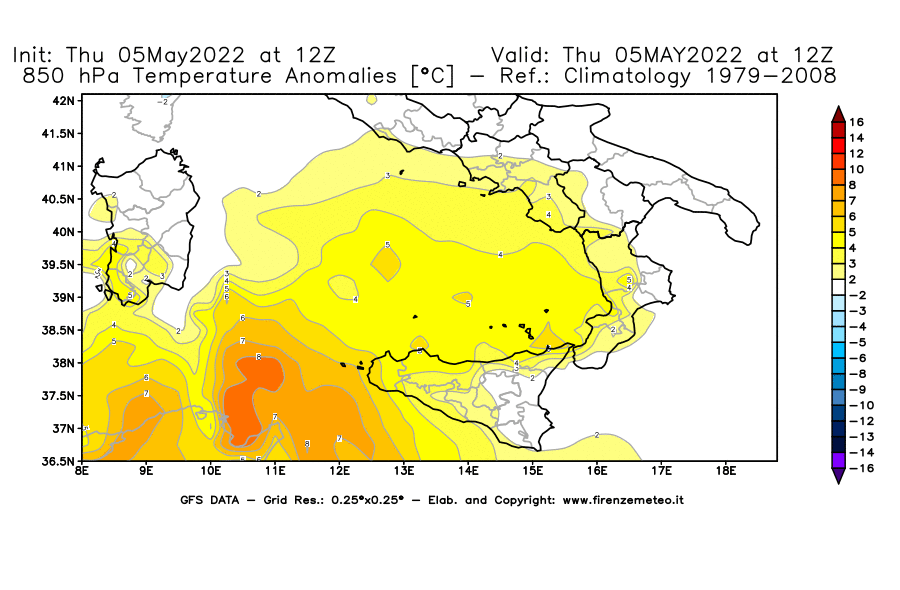 Mappa di analisi GFS - Anomalia Temperatura [°C] a 850 hPa in Sud-Italia
									del 05/05/2022 12 <!--googleoff: index-->UTC<!--googleon: index-->
