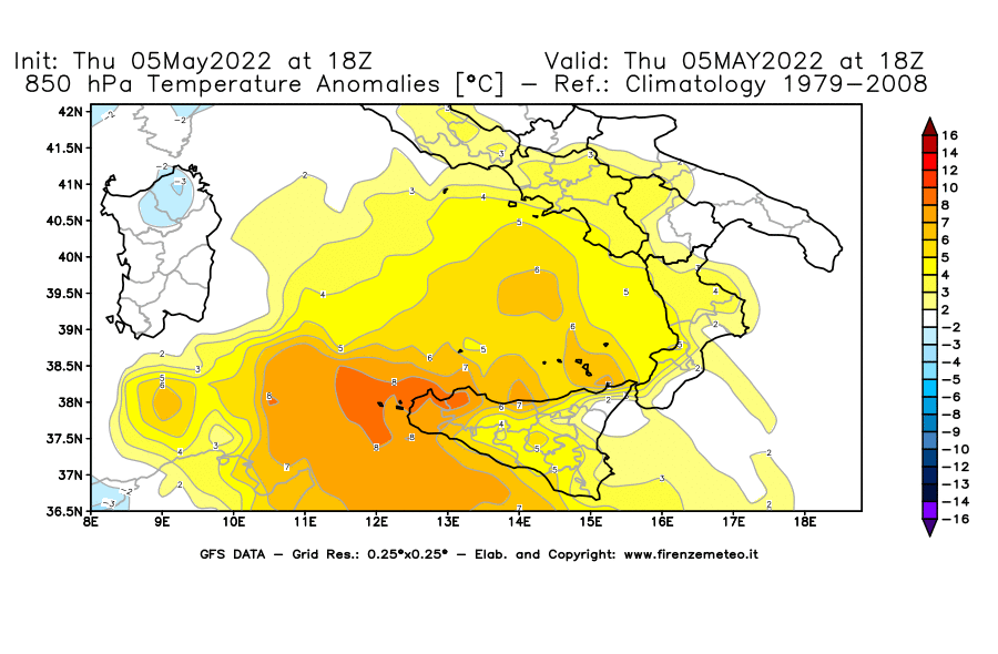 Mappa di analisi GFS - Anomalia Temperatura [°C] a 850 hPa in Sud-Italia
									del 05/05/2022 18 <!--googleoff: index-->UTC<!--googleon: index-->