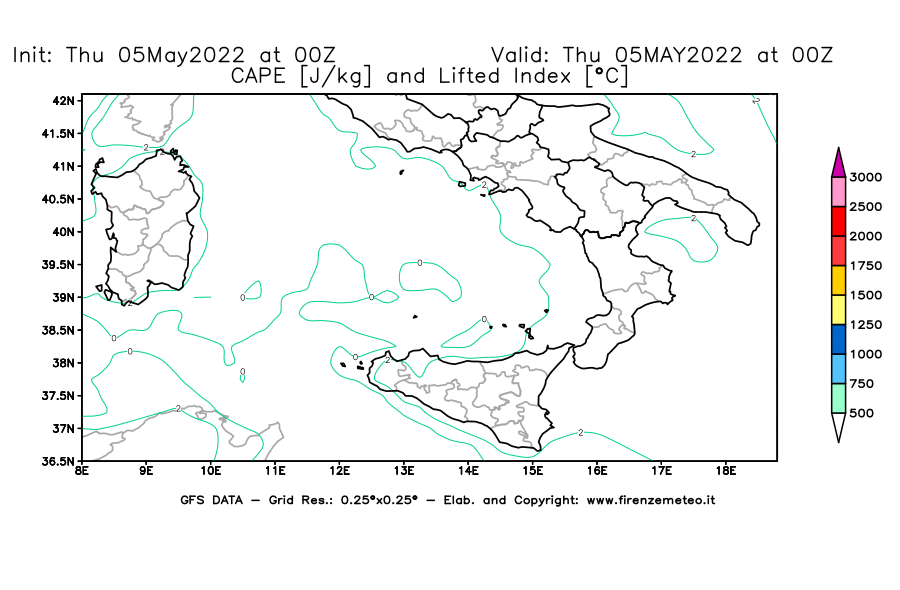 Mappa di analisi GFS - CAPE [J/kg] e Lifted Index [°C] in Sud-Italia
									del 05/05/2022 00 <!--googleoff: index-->UTC<!--googleon: index-->
