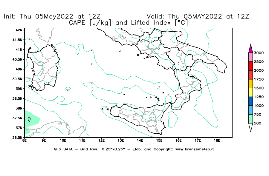 Mappa di analisi GFS - CAPE [J/kg] e Lifted Index [°C] in Sud-Italia
									del 05/05/2022 12 <!--googleoff: index-->UTC<!--googleon: index-->
