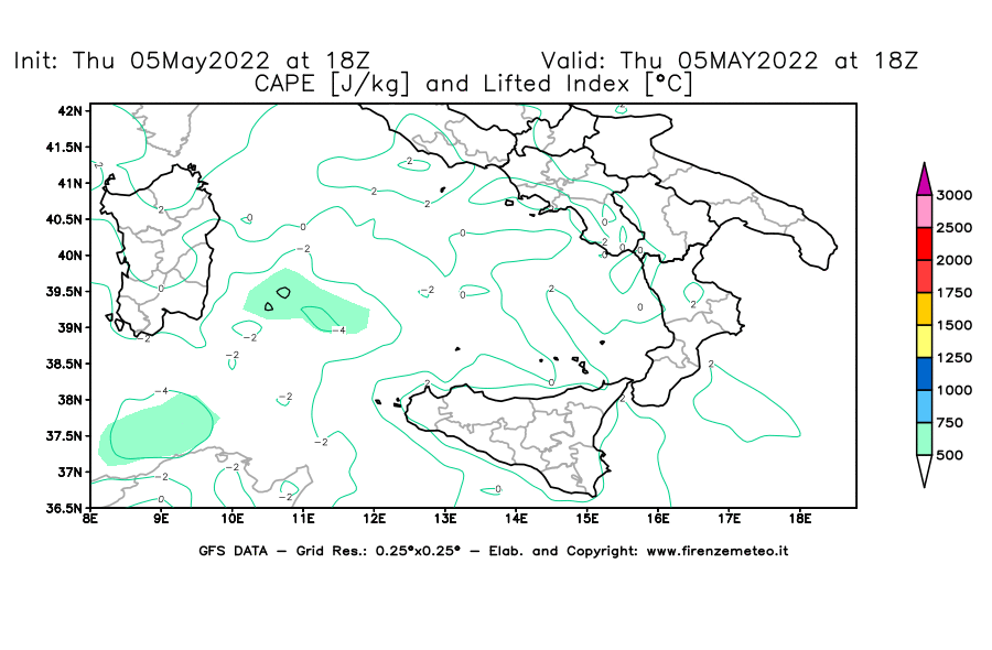 Mappa di analisi GFS - CAPE [J/kg] e Lifted Index [°C] in Sud-Italia
									del 05/05/2022 18 <!--googleoff: index-->UTC<!--googleon: index-->