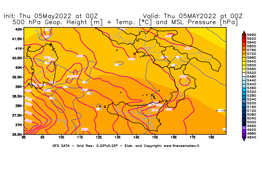 Mappa di analisi GFS - Geopotenziale [m] + Temp. [°C] a 500 hPa + Press. a livello del mare [hPa] in Sud-Italia
									del 05/05/2022 00 <!--googleoff: index-->UTC<!--googleon: index-->