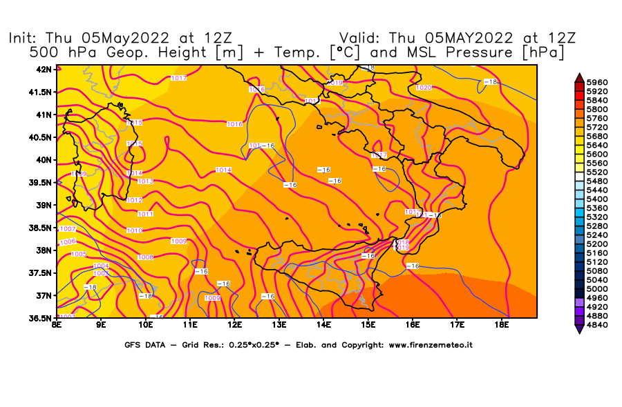 Mappa di analisi GFS - Geopotenziale [m] + Temp. [°C] a 500 hPa + Press. a livello del mare [hPa] in Sud-Italia
									del 05/05/2022 12 <!--googleoff: index-->UTC<!--googleon: index-->