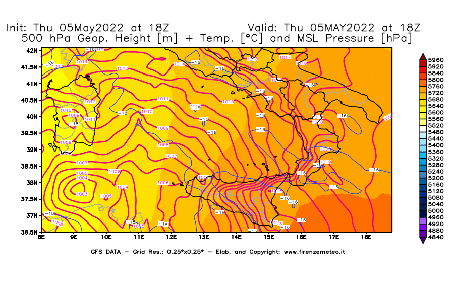 Mappa di analisi GFS - Geopotenziale [m] + Temp. [°C] a 500 hPa + Press. a livello del mare [hPa] in Sud-Italia
									del 05/05/2022 18 <!--googleoff: index-->UTC<!--googleon: index-->