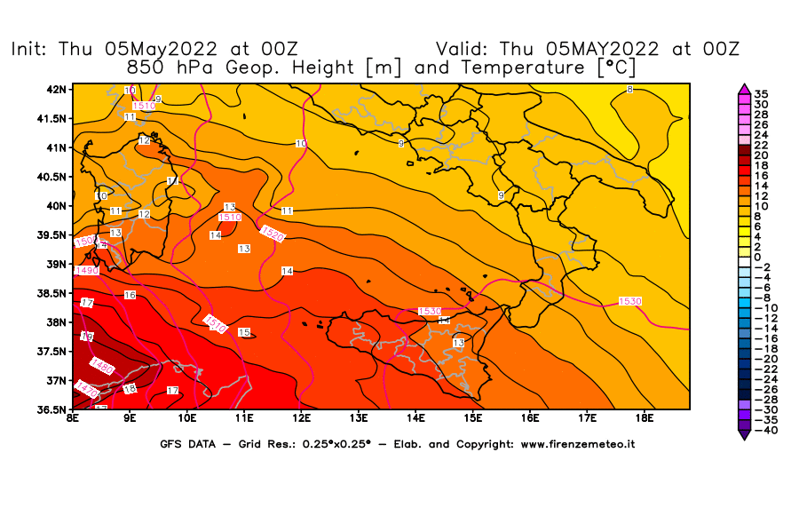 Mappa di analisi GFS - Geopotenziale [m] e Temperatura [°C] a 850 hPa in Sud-Italia
									del 05/05/2022 00 <!--googleoff: index-->UTC<!--googleon: index-->