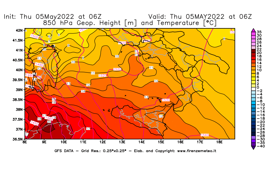 Mappa di analisi GFS - Geopotenziale [m] e Temperatura [°C] a 850 hPa in Sud-Italia
									del 05/05/2022 06 <!--googleoff: index-->UTC<!--googleon: index-->