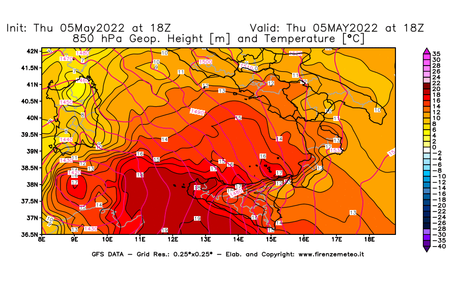 Mappa di analisi GFS - Geopotenziale [m] e Temperatura [°C] a 850 hPa in Sud-Italia
									del 05/05/2022 18 <!--googleoff: index-->UTC<!--googleon: index-->