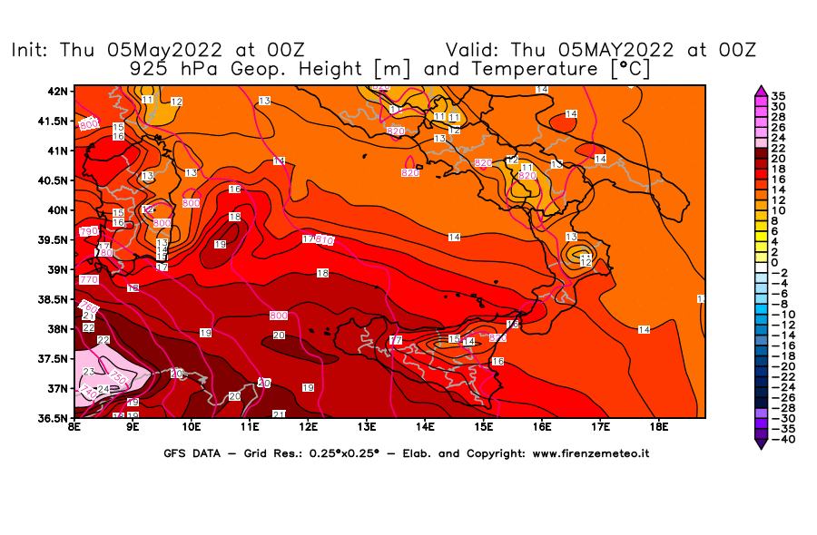 Mappa di analisi GFS - Geopotenziale [m] e Temperatura [°C] a 925 hPa in Sud-Italia
									del 05/05/2022 00 <!--googleoff: index-->UTC<!--googleon: index-->