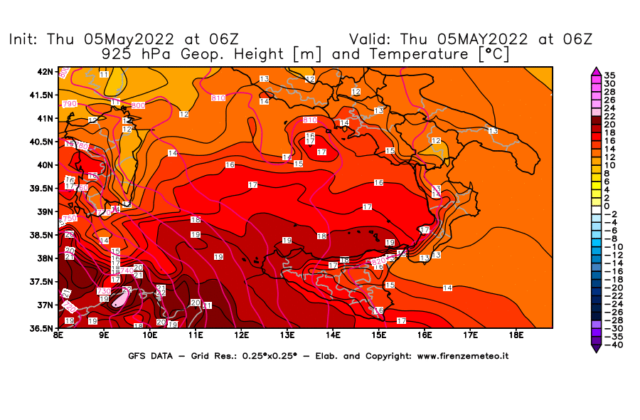 Mappa di analisi GFS - Geopotenziale [m] e Temperatura [°C] a 925 hPa in Sud-Italia
									del 05/05/2022 06 <!--googleoff: index-->UTC<!--googleon: index-->
