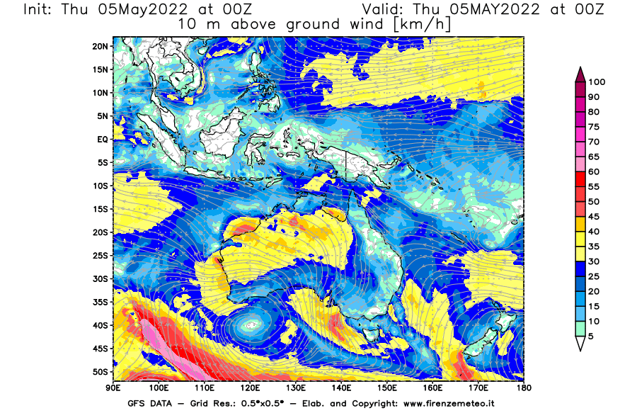 Mappa di analisi GFS - Velocità del vento a 10 metri dal suolo [km/h] in Oceania
									del 05/05/2022 00 <!--googleoff: index-->UTC<!--googleon: index-->