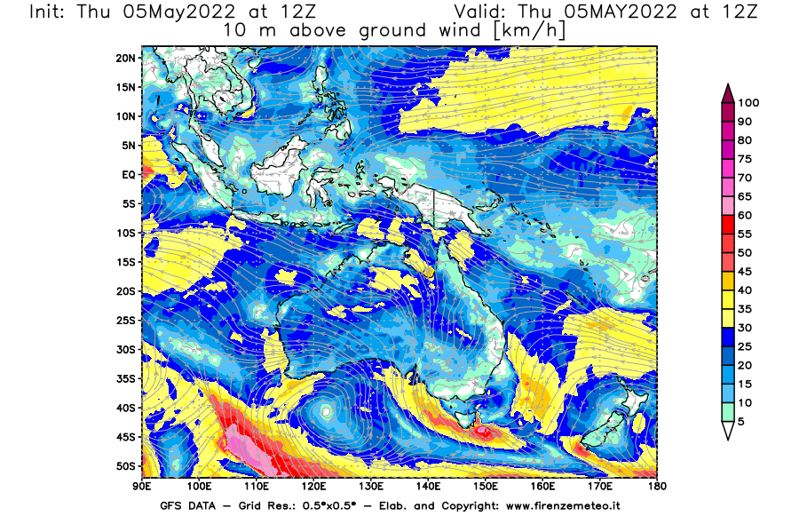 Mappa di analisi GFS - Velocità del vento a 10 metri dal suolo [km/h] in Oceania
									del 05/05/2022 12 <!--googleoff: index-->UTC<!--googleon: index-->