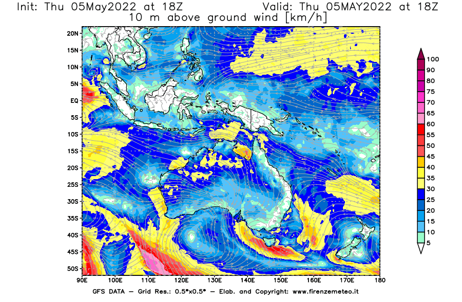 Mappa di analisi GFS - Velocità del vento a 10 metri dal suolo [km/h] in Oceania
									del 05/05/2022 18 <!--googleoff: index-->UTC<!--googleon: index-->