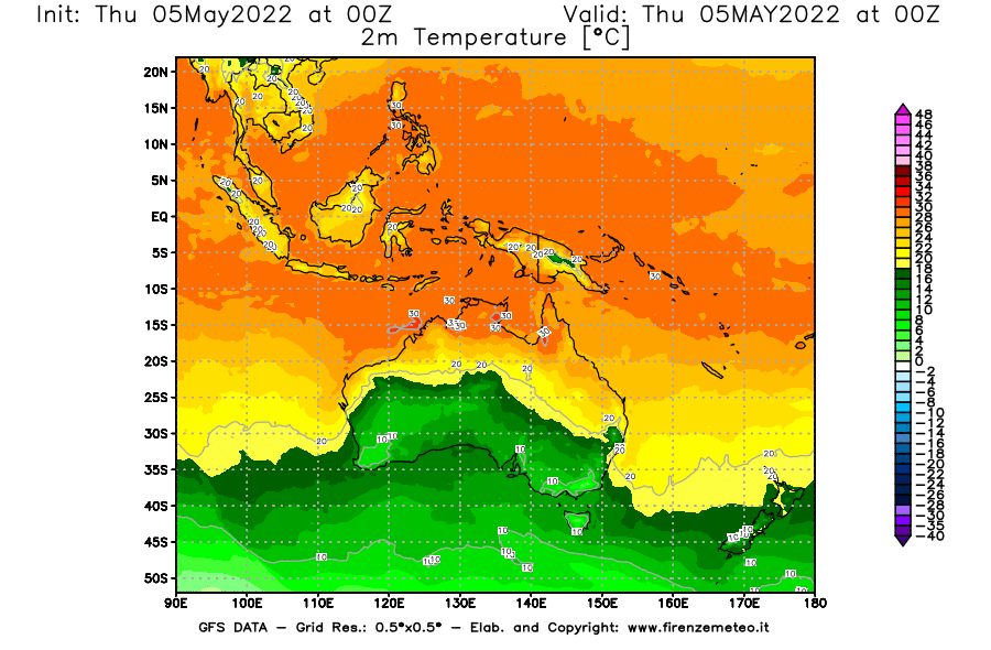Mappa di analisi GFS - Temperatura a 2 metri dal suolo [°C] in Oceania
									del 05/05/2022 00 <!--googleoff: index-->UTC<!--googleon: index-->