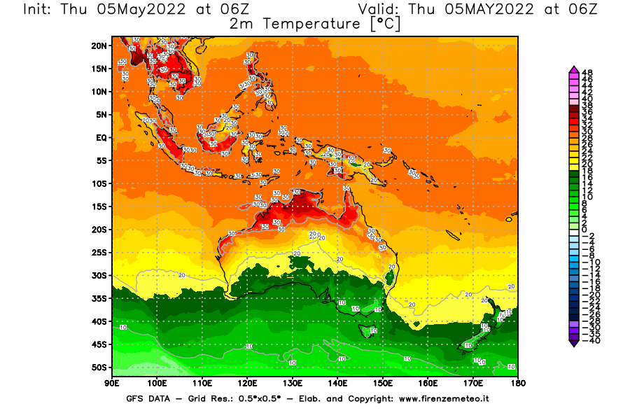 Mappa di analisi GFS - Temperatura a 2 metri dal suolo [°C] in Oceania
									del 05/05/2022 06 <!--googleoff: index-->UTC<!--googleon: index-->