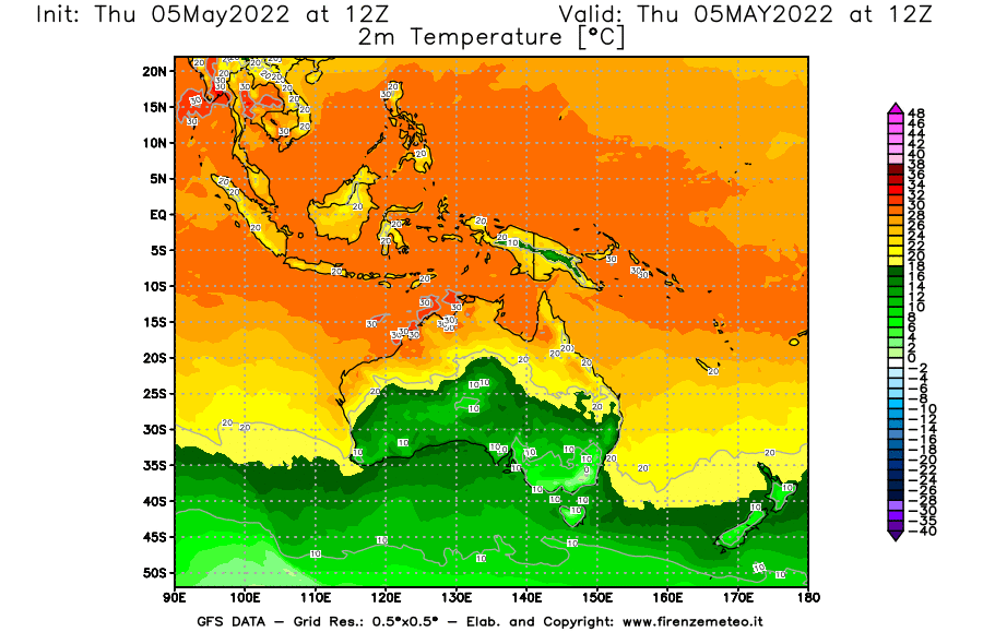 Mappa di analisi GFS - Temperatura a 2 metri dal suolo [°C] in Oceania
									del 05/05/2022 12 <!--googleoff: index-->UTC<!--googleon: index-->