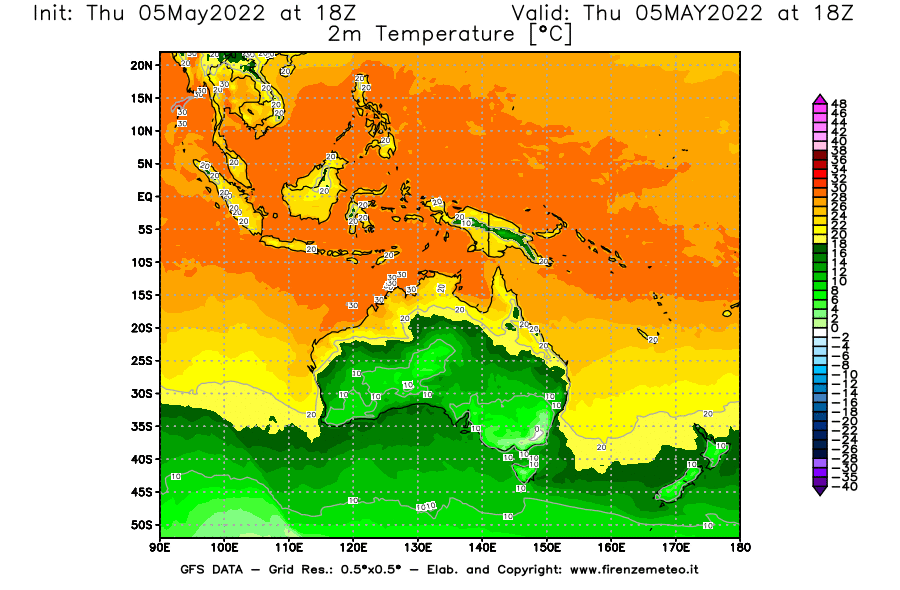 Mappa di analisi GFS - Temperatura a 2 metri dal suolo [°C] in Oceania
									del 05/05/2022 18 <!--googleoff: index-->UTC<!--googleon: index-->