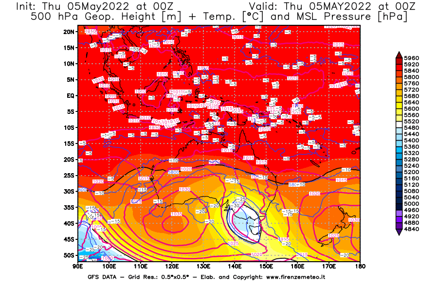 Mappa di analisi GFS - Geopotenziale [m] + Temp. [°C] a 500 hPa + Press. a livello del mare [hPa] in Oceania
									del 05/05/2022 00 <!--googleoff: index-->UTC<!--googleon: index-->