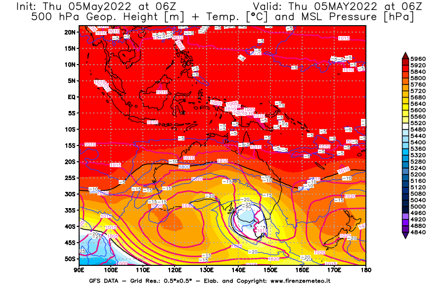 Mappa di analisi GFS - Geopotenziale [m] + Temp. [°C] a 500 hPa + Press. a livello del mare [hPa] in Oceania
									del 05/05/2022 06 <!--googleoff: index-->UTC<!--googleon: index-->