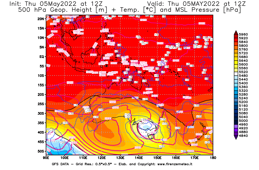 Mappa di analisi GFS - Geopotenziale [m] + Temp. [°C] a 500 hPa + Press. a livello del mare [hPa] in Oceania
									del 05/05/2022 12 <!--googleoff: index-->UTC<!--googleon: index-->