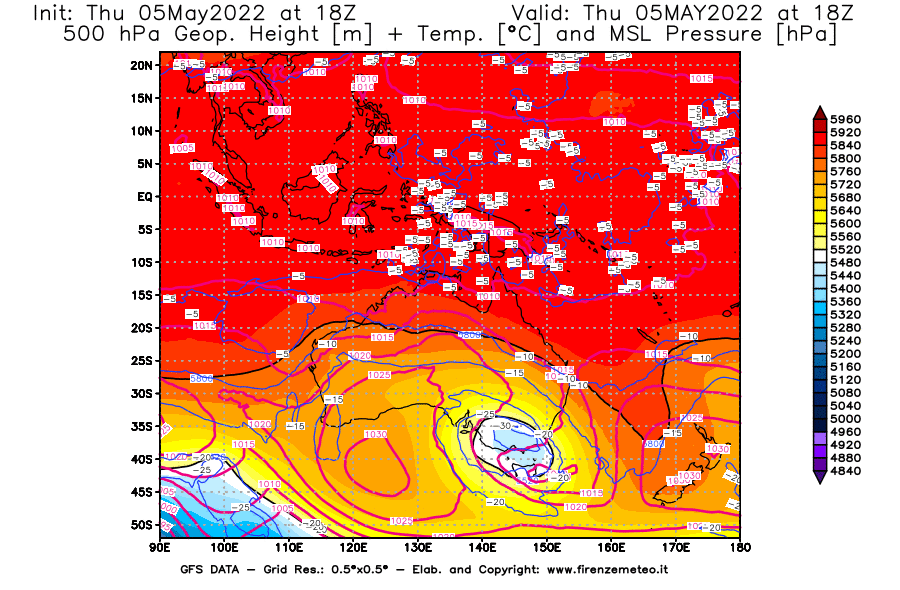 Mappa di analisi GFS - Geopotenziale [m] + Temp. [°C] a 500 hPa + Press. a livello del mare [hPa] in Oceania
									del 05/05/2022 18 <!--googleoff: index-->UTC<!--googleon: index-->