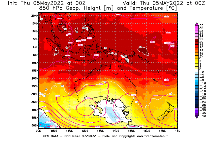 Mappa di analisi GFS - Geopotenziale [m] e Temperatura [°C] a 850 hPa in Oceania
									del 05/05/2022 00 <!--googleoff: index-->UTC<!--googleon: index-->