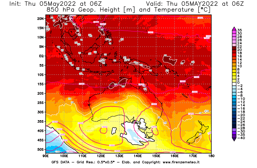 Mappa di analisi GFS - Geopotenziale [m] e Temperatura [°C] a 850 hPa in Oceania
									del 05/05/2022 06 <!--googleoff: index-->UTC<!--googleon: index-->
