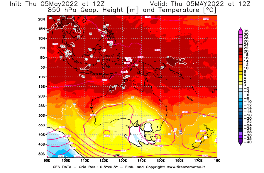 Mappa di analisi GFS - Geopotenziale [m] e Temperatura [°C] a 850 hPa in Oceania
									del 05/05/2022 12 <!--googleoff: index-->UTC<!--googleon: index-->