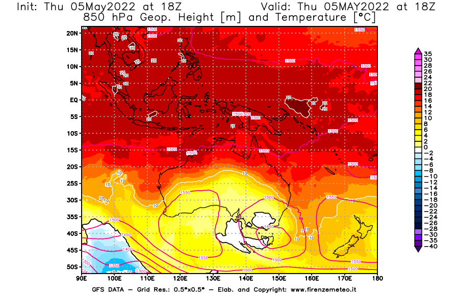 Mappa di analisi GFS - Geopotenziale [m] e Temperatura [°C] a 850 hPa in Oceania
									del 05/05/2022 18 <!--googleoff: index-->UTC<!--googleon: index-->