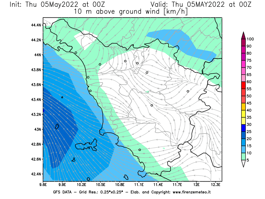 Mappa di analisi GFS - Velocità del vento a 10 metri dal suolo [km/h] in Toscana
									del 05/05/2022 00 <!--googleoff: index-->UTC<!--googleon: index-->