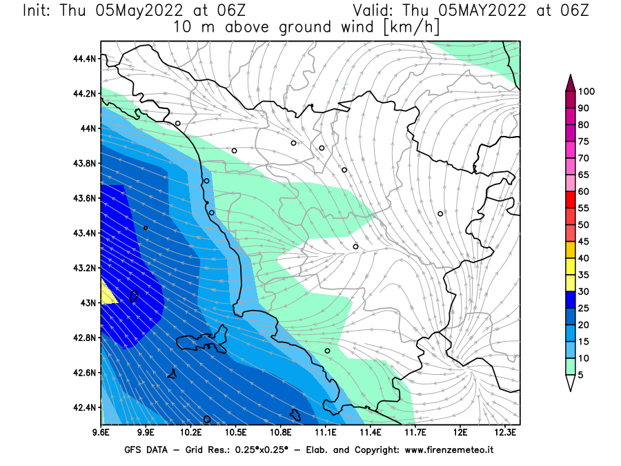 Mappa di analisi GFS - Velocità del vento a 10 metri dal suolo [km/h] in Toscana
									del 05/05/2022 06 <!--googleoff: index-->UTC<!--googleon: index-->